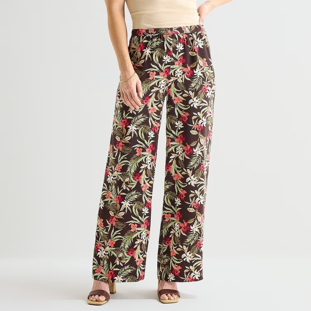 MSRP $54 Liz Claiborne Womens M Petite Chocolate Tropical Pants Straight Mid Ris